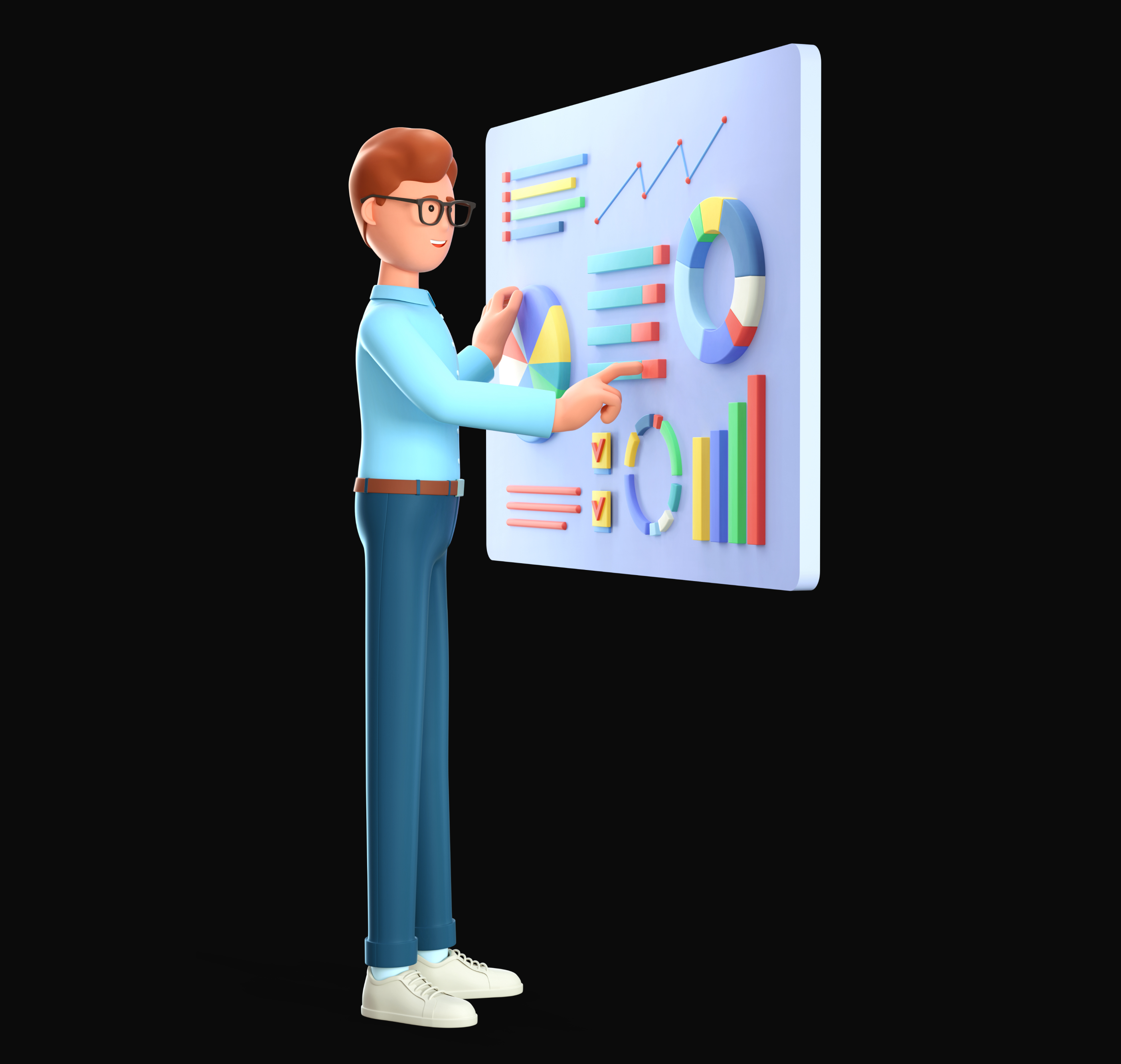 3D graphics of man using a control panel.